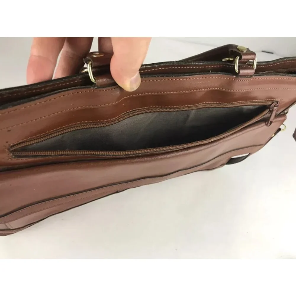 Unisex Brown Leather Pockets Dividers Detachable Strap‎ Double Handles Bag